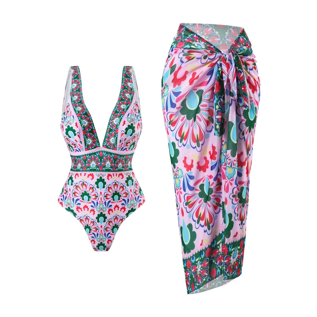 

Women's One-piece Swimsuit Bohemian Print Dress - Short Sleeve Beach Mesh Dress Beach Vacation Maxi Dress Set for Summer Holiday