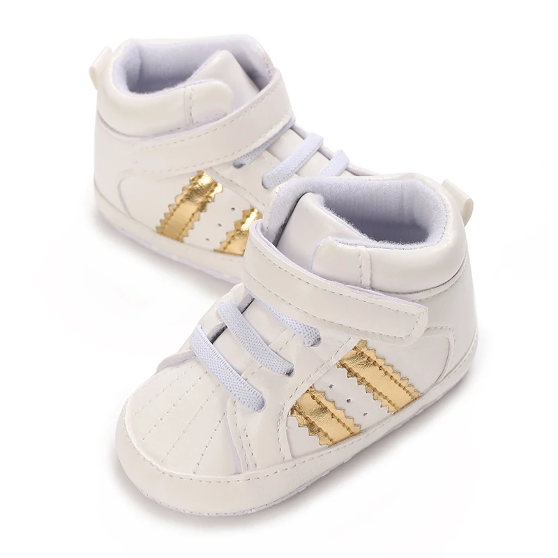 Erste Sportschuhe mit Streifenmuster aus PU-Material für Jungen und Mädchen, geeignet für Babys im Alter von 0 bis 18 Monaten, mit weicher Sohle, bequem und leicht. – Detail 10