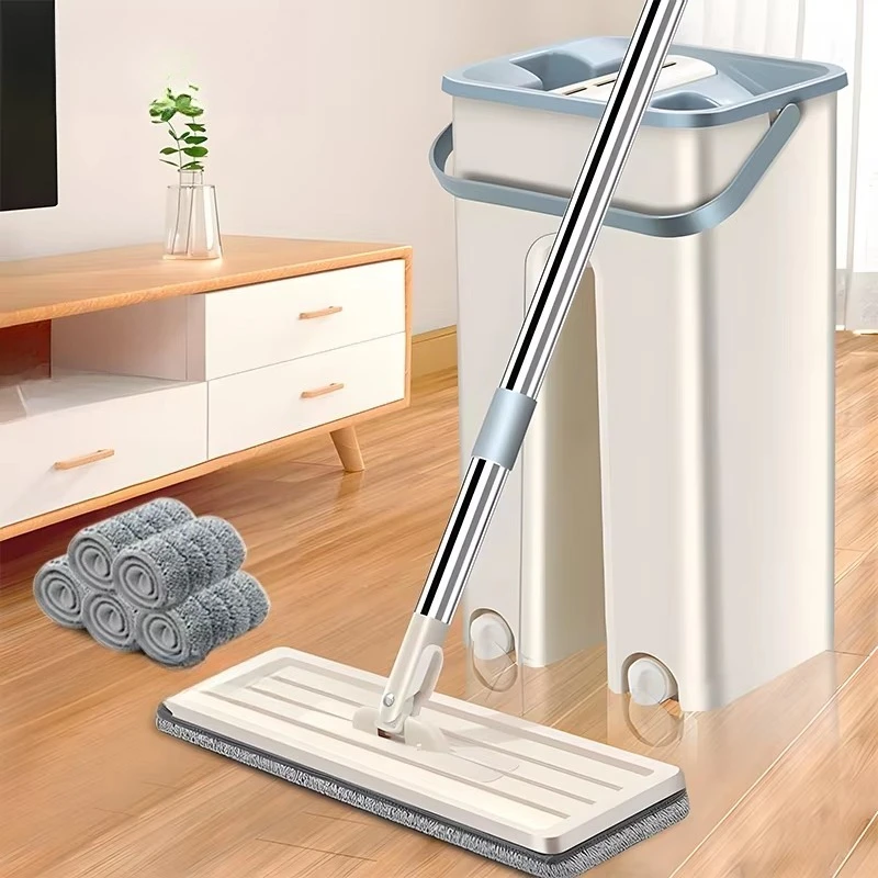 Hands-free flat mop bucket set, self-cleaning washing and drying system, stainless steel handle