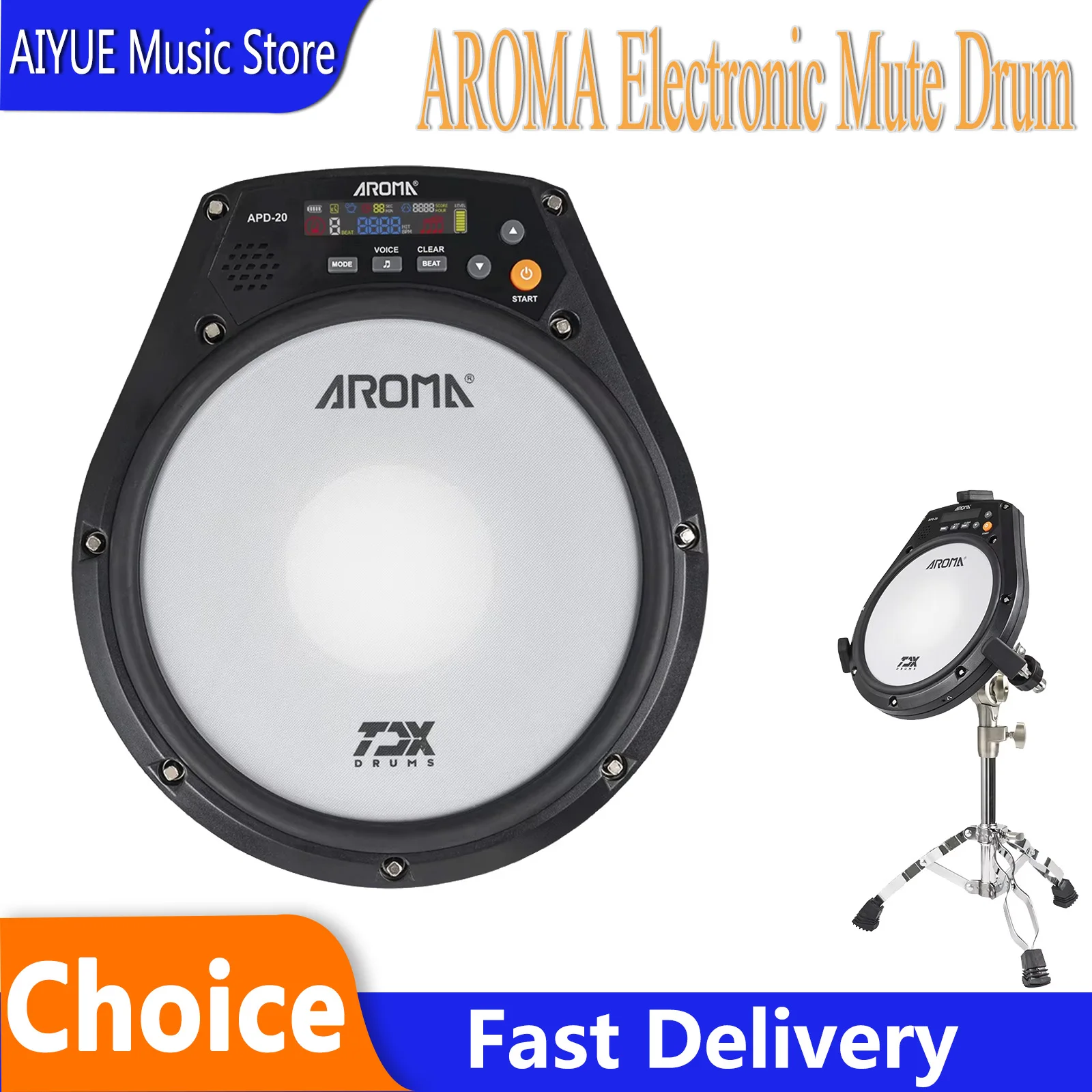 AROMA 8 Inch Electronic Mute Drum APD-20 Beating Board Electronic Mute Drum Pad Vocal Metronome Training Percussion Instrument