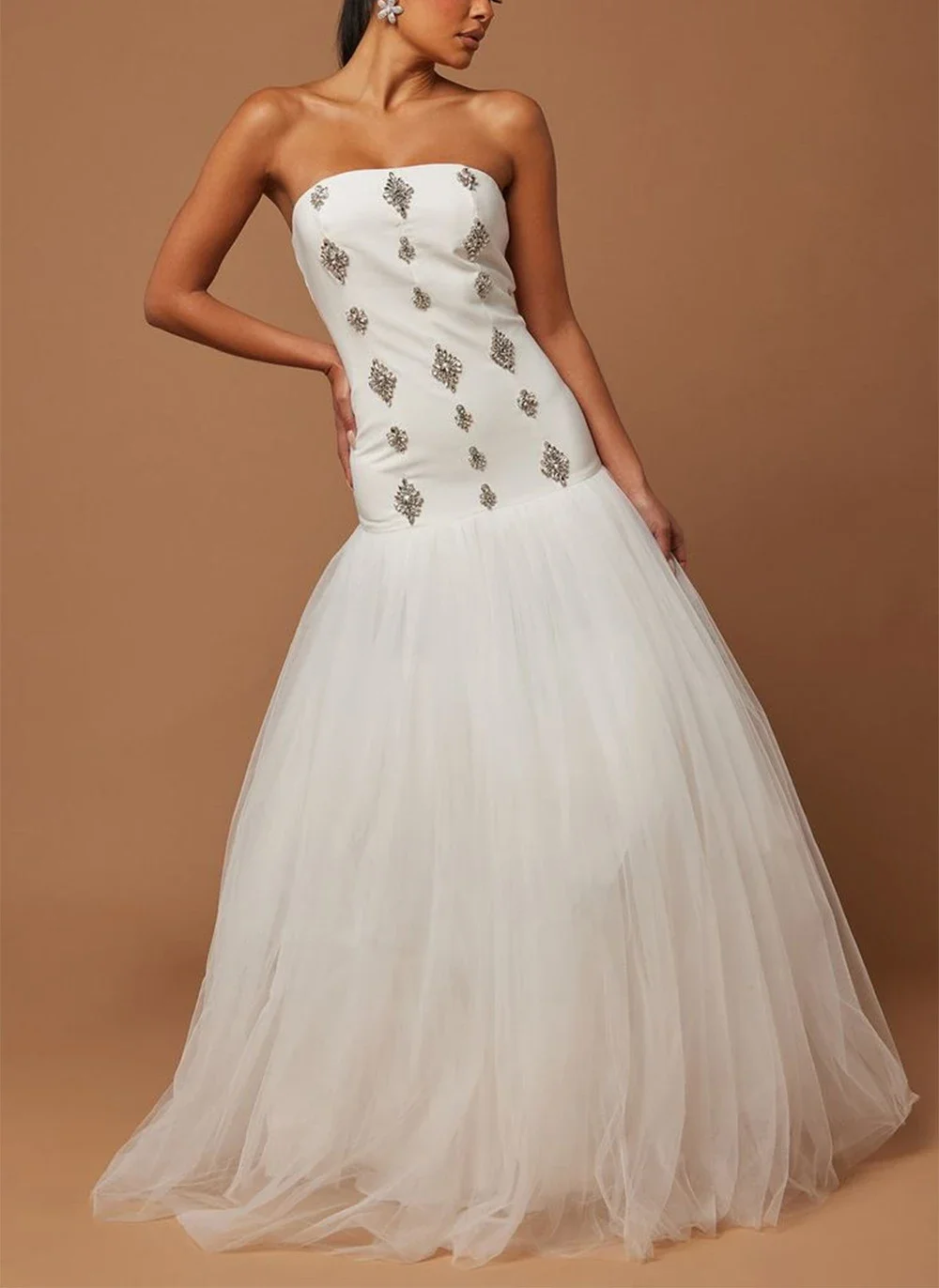 

New women's white diamond decorated chiffon sexy strapless long dress wedding dress Elegant Party Evening Dress