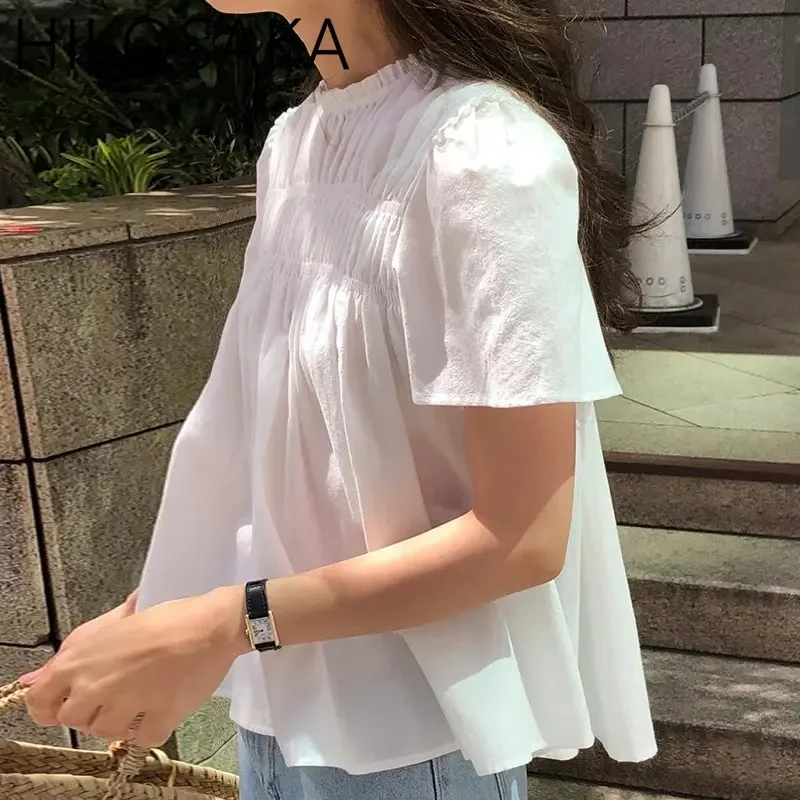 Gentle Lace Standing Neck Pleated Shirt Loose Casual Puff Sleeve Top for Women Korean Chic Draped Cute Moda Solid Color Blouse