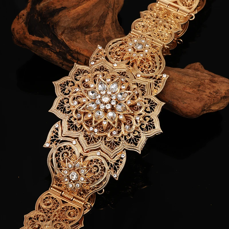 Rose Gold  Color Caucasus Traditional Waist Belts for Women Metal Sparkly Crystal Wedding Dress Waist Chains Wedding Sash