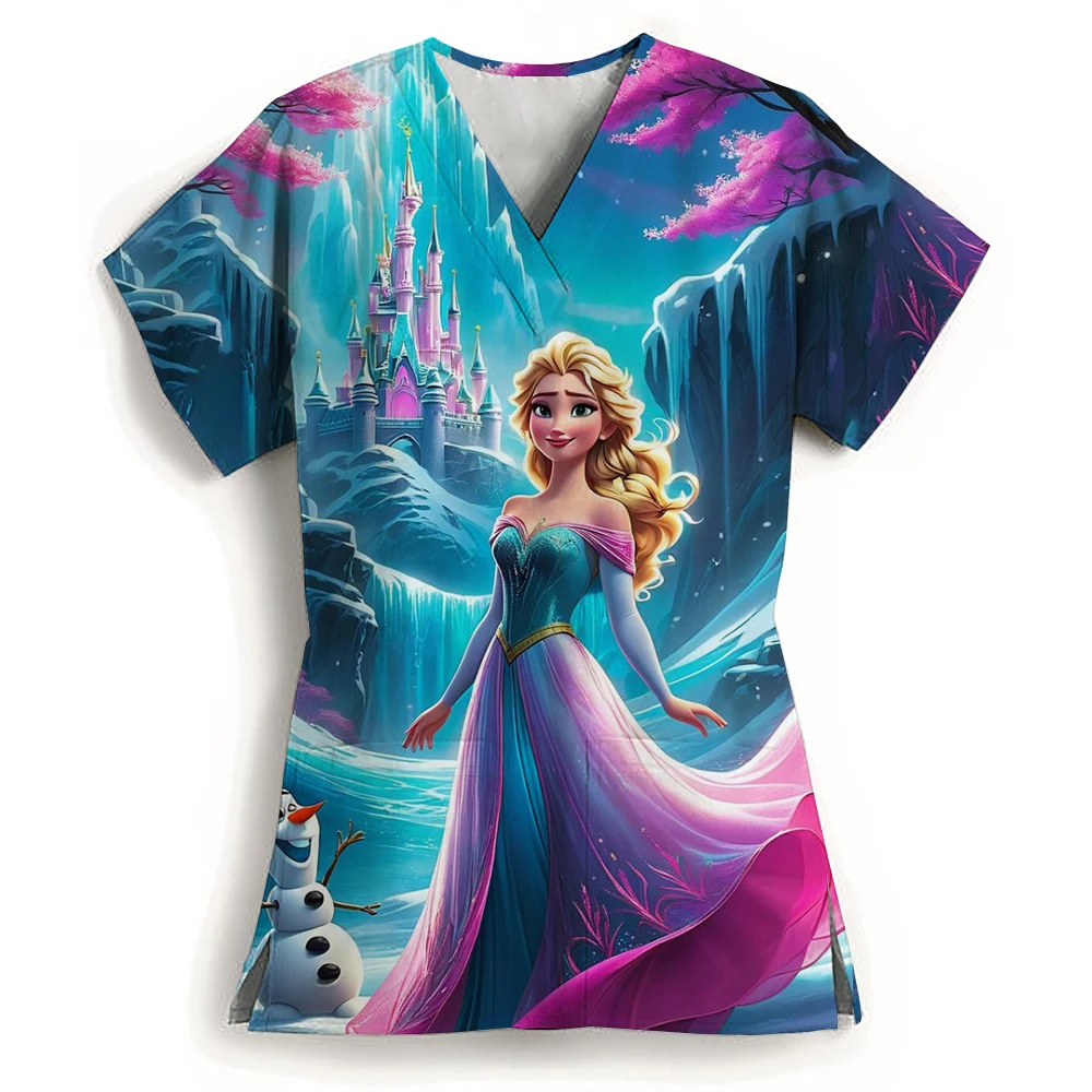 Disney Princess Pocket Women's V Neck Nurse Uniform T-Shirt Summer Short Sleeve 2024 Y2k New Dress Kawaii Woman Clothing S-2XL