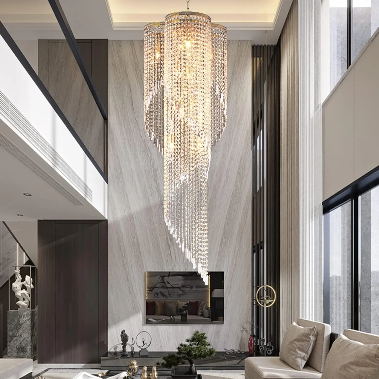 

Large Spiral Crystal Beaded Chandelier for High Ceiling - 9-Light Gold Luxury Pendant for Entryway, Staircase & Foyer