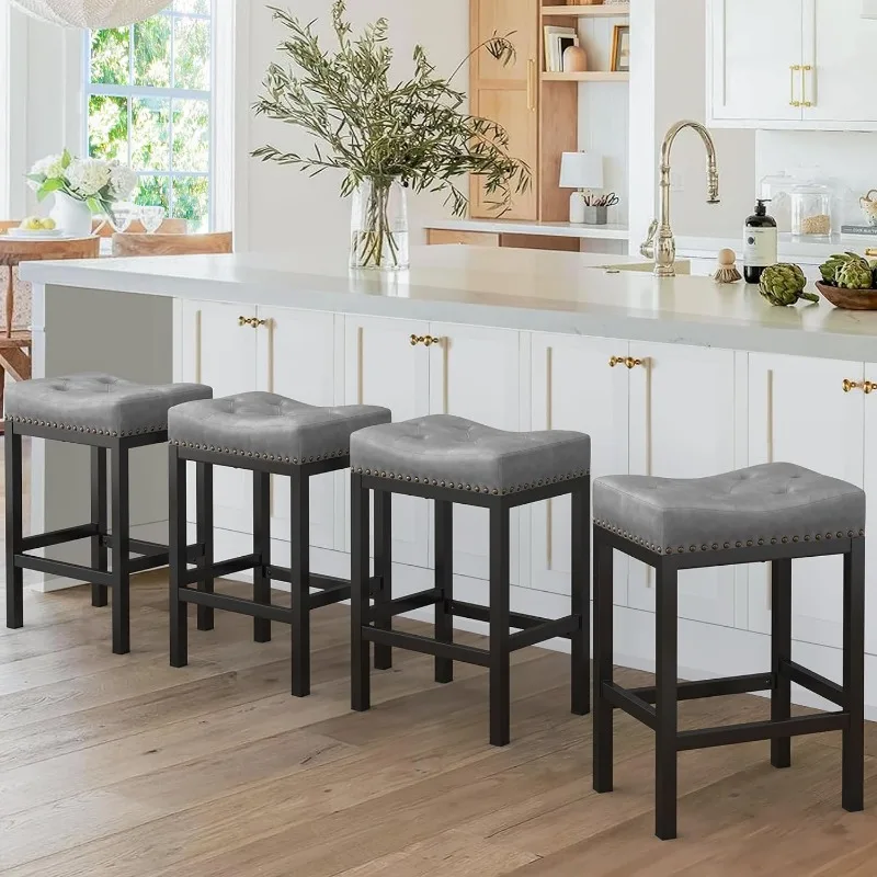 

24 Inch Counter Height Saddle Bar Stools, Square Backless Bar Stools Set of 4 for Kitchen Counter