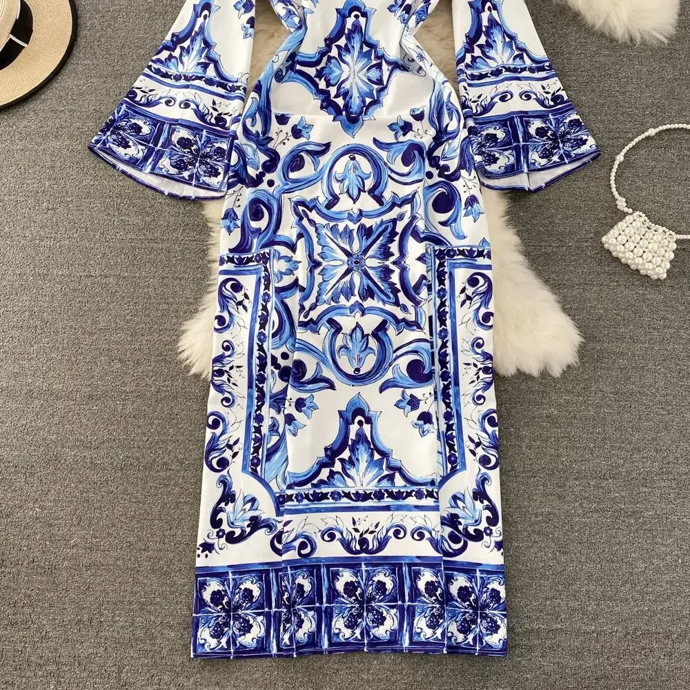 TRAF Summer Runway American Retro Long Dress Women O-Neck Flare Sleeve Floral Print Bohemian Side Split Loose Robe Vestidos