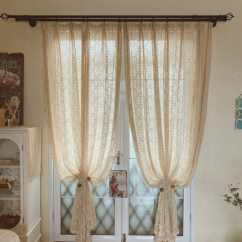 Boho Curtains For Living Room Vintage Handmade Crochet Hollow Out Knitting Lace Drapes Bedroom Home Decor