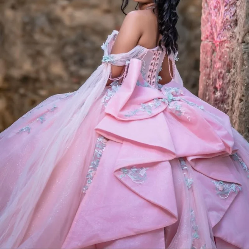Customized light pink Quinceanera Dresses Off the Shoulder crystal decal Long tail Lace beads flower Vestido 15 Quinceanera