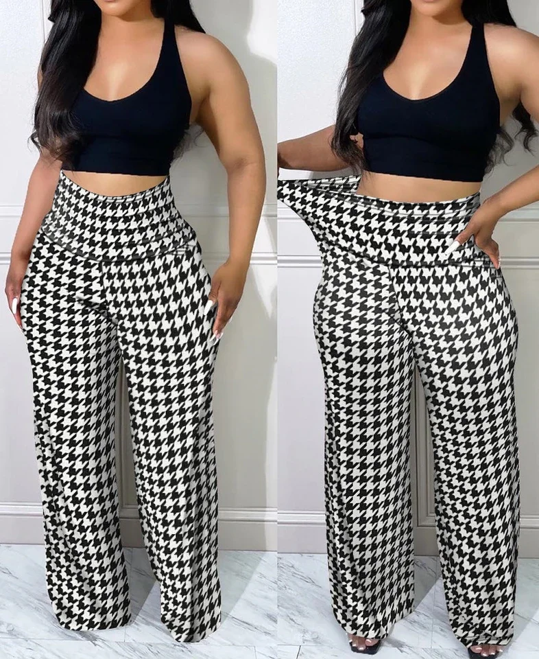 

Elegant Women's Pants 2024 Summer Streetwear Plaid Print Casual High Waist Wide Leg Daily Long Trousers Without Top for Female