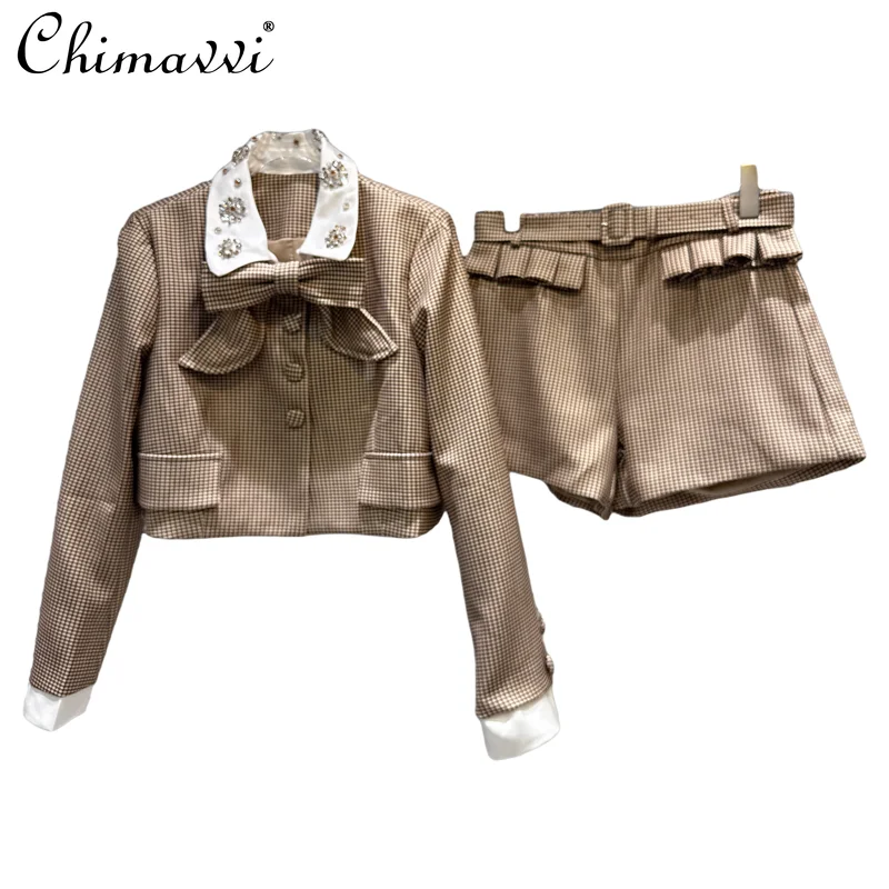2025 Autumn Clothes New Fashion Heavy Bowknot Scarf Plaid Short Jacket + Belt Shorts Set Elegant Commuter Women's Two-Piece Set