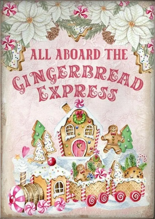 Christmas Tin Sign Pink Gingerbread Train Sign, Wall Decor, Gingerbread Sign, Holiday Print, Decoration, Christmas Party Sign, S