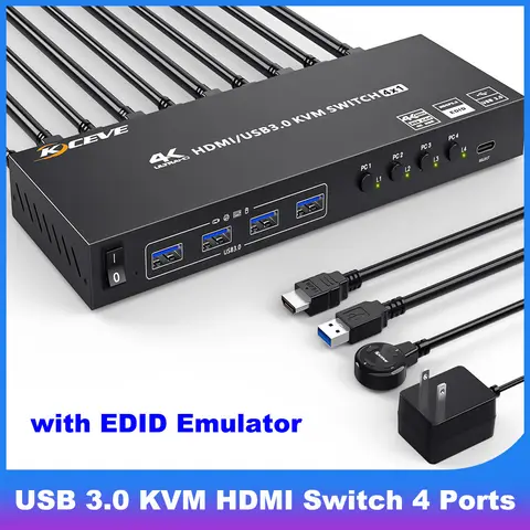 KCEVE 4K KVM HDMI Switch 4 Ports, USB 3.0 KVM Selector Box with EDID Emulator Support 4K@60Hz Resolution for 4 Computers