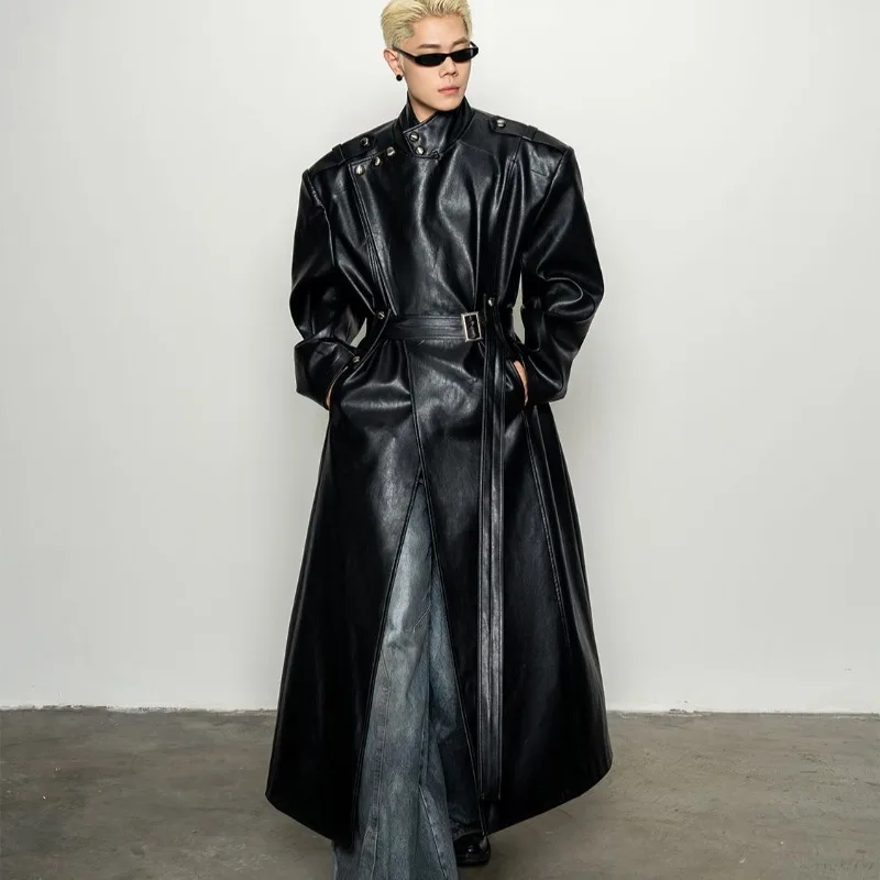 

Retro High-end Big Lapel Waist Leather Coat Masculinity Pioneer Silhouette Long Coat Large Lapel Side Bow Button Business Men