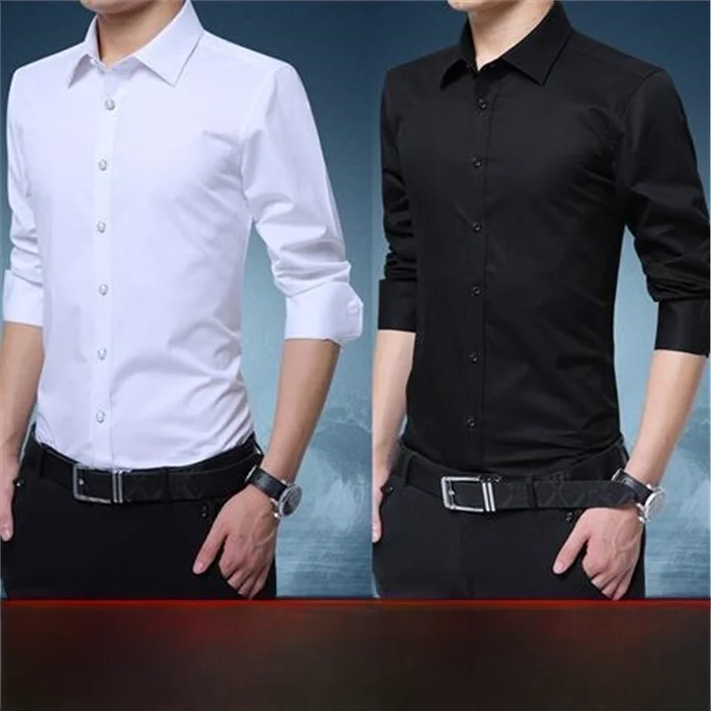 

Белая повседневная мужская рубашка с длинным рукавом для весны и осени, модная, в городском стиле, из полиэфирного волокна, не требующая глажки