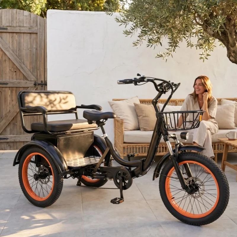 3-Rad-Elektrofahrrad mit Beifahrersitz für Senioren, 2-Sitzer-Elektrofahrrad, City-Pendler-Elektrodreirad mit Korb