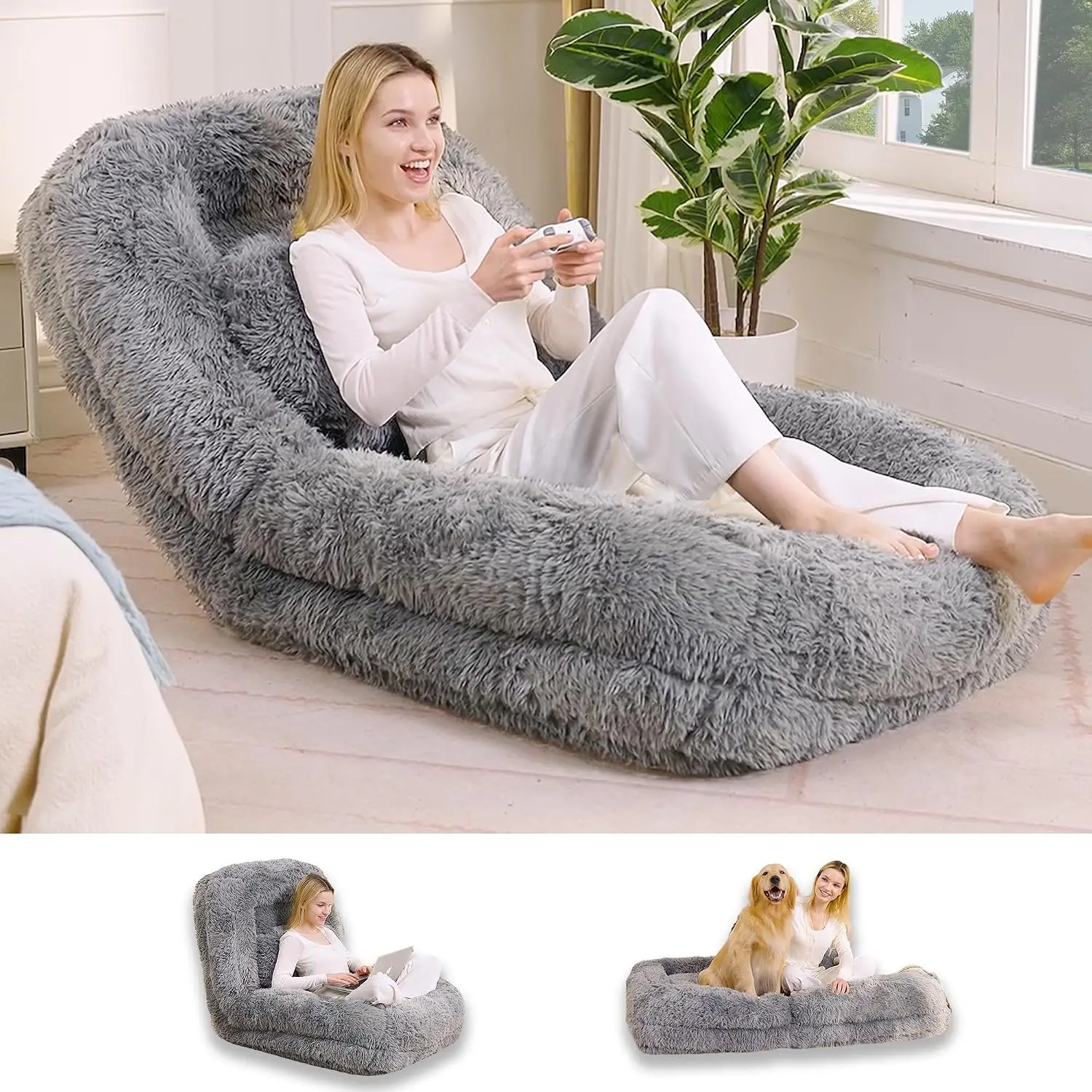 Floor Chair with Back Support, Human Dog Bed with 5 Adjustable Position, Convertible Lazy Floor Lounger, Comfy Gaming Chair, Plu
