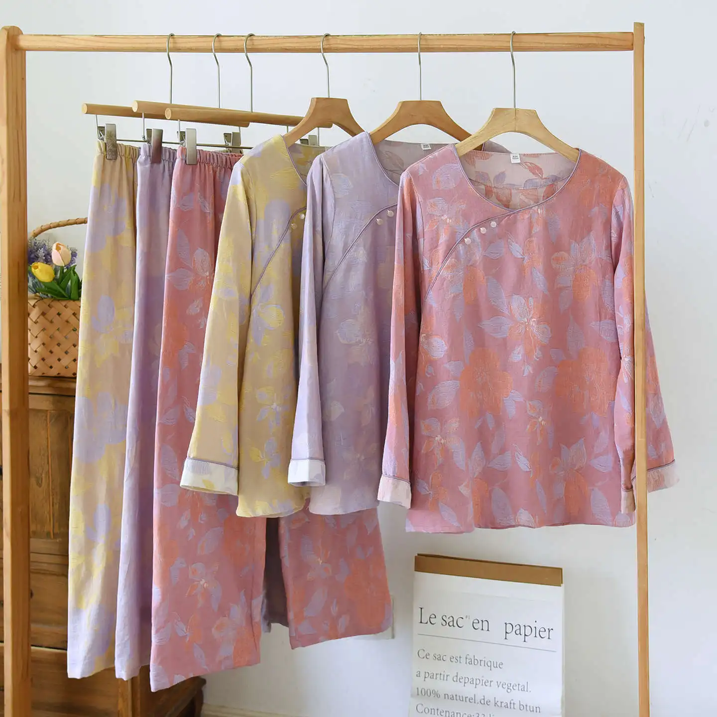 

Gauze Cotton Pajamas Suit Women Autumn Thin Long-Sleeved Trousers Two-Piece Sleepwear Floral Loungewear Female Nightwear