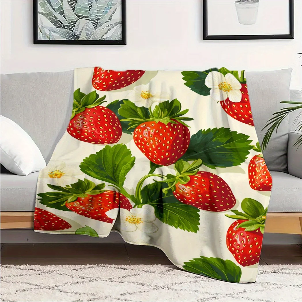 Storage Chunky Knit Polyester Throw Blanket with Strawberry and Floral Pattern, Soft Cozy All-Season Blanket for Office, Sofa