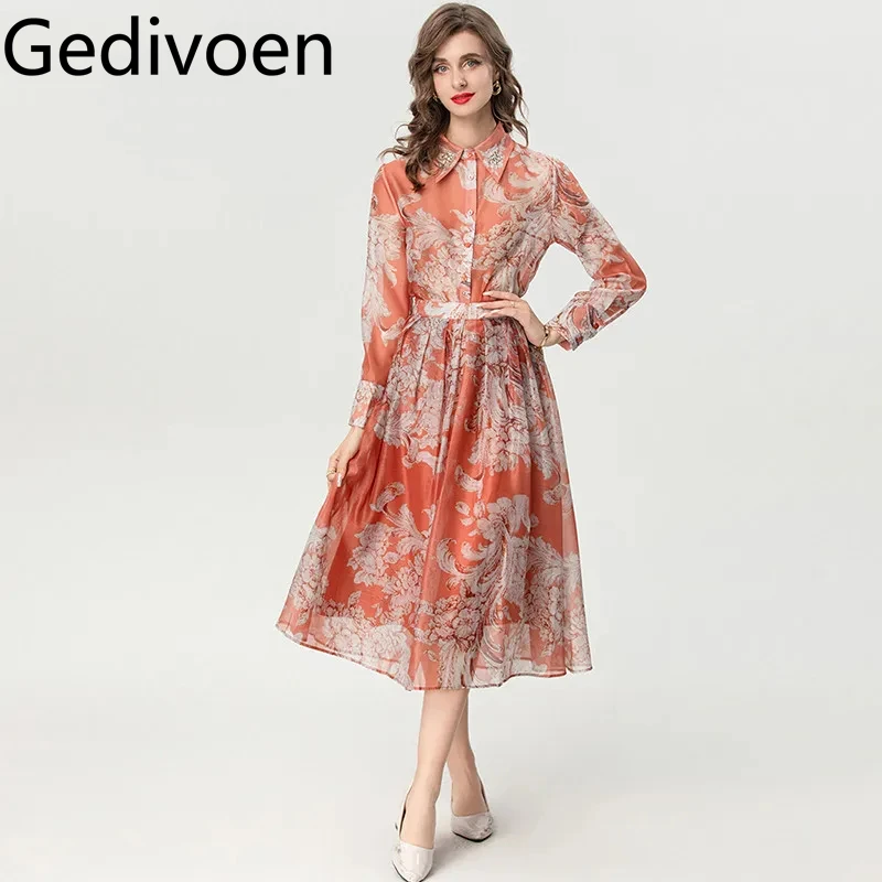 Gedivoen Autumn and Winter Women's Suit Turn-Down Collar Crystal Single-Breasted Tops+A-Line Skirt Vintage Print 2 piece set