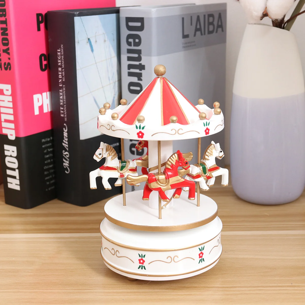 Red Color Music Box Carousel Ornaments Miniature Luxury Bamboo Mechanical Movement Desktop Musical