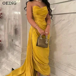 OEING Vintage Evening Dresses Simple Gold Spaghetti Strap Silk Pleated Prom Dress With Train Formal Occasion Gowns Gala 2024