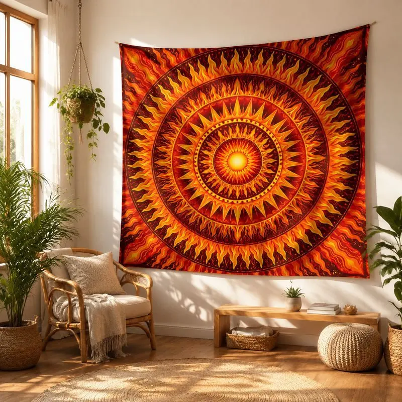 VIKAMA Golden Sun Mandala Tapestry Wall Hanging Cosmic Energy Fiery Orange Black Boho Mystical Aesthetic Wall Art Bedroom Decor