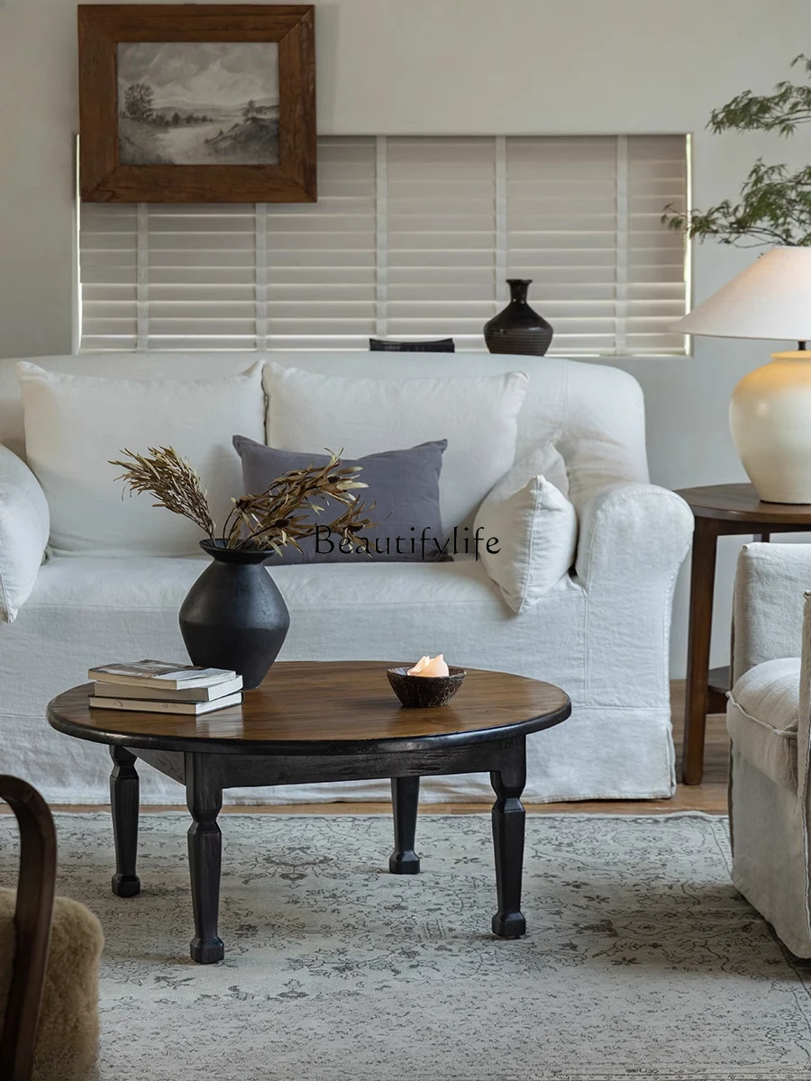 オールドポメロコーヒーテーブル\わびさびレトロスタイルオール無垢材ラウンドベッドアンドブレックファストリビングルームティーテーブル