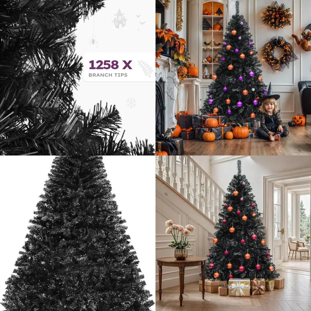 

7.5-Foot Tall Black Hinged Artificial Christmas Tree with 1258 Tips and Foldable Base for Holiday and Party Decor