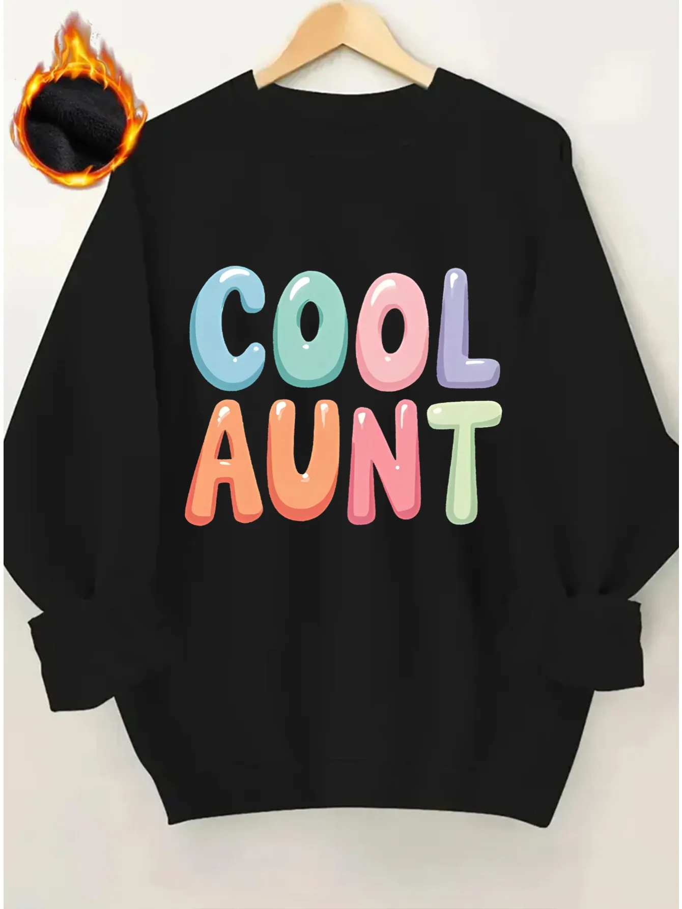 Women's Cool Auntie Sweatshirt-Pink with Multicolored Letters, Thick All Season Windbreaker, Redond Neckline