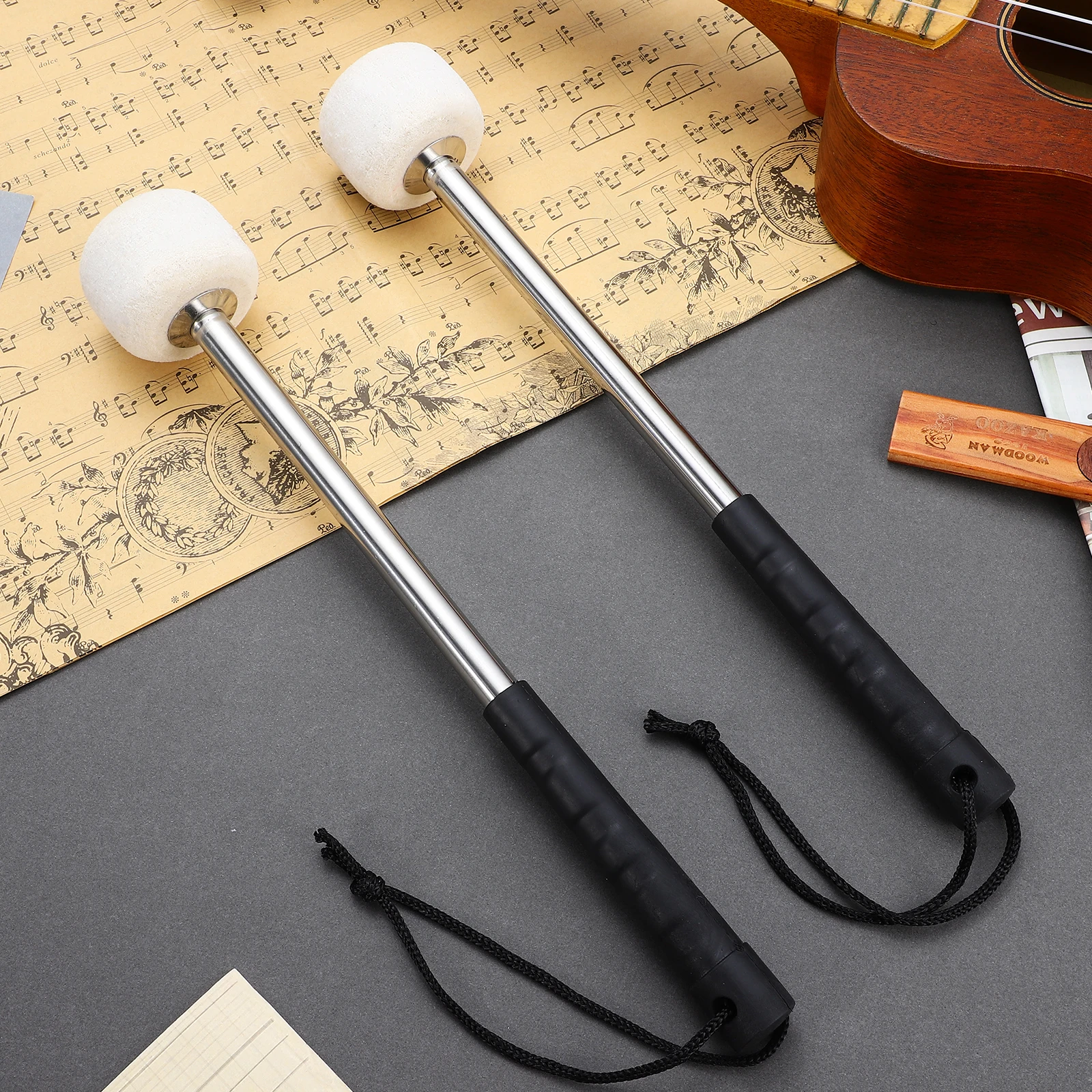

2 pcs Stainless Steel Drumsticks Wool Felt Heads Anti-Slip Handles Lightweight Portable Practice Sticks Beginner Drummers s