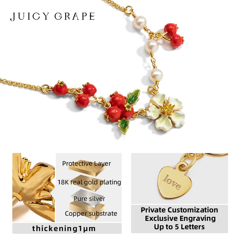 

Ожерелье с цветами боярышника и фруктами — подвеска с эмалью из 18-каратного золота на нежной цепочке | Символический юбилейный ювелирный подарок