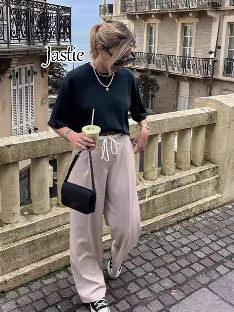 Jastie 2024 Fashion Street Loose Suit Pants Double Waist Pocket Wide Leg Pants Chic High Waist Casual Trousers