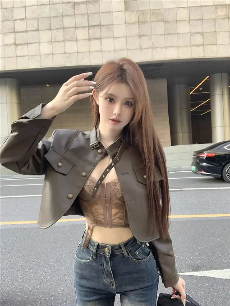 Ele ort PU cuir Biker Jaet femmes Faion printemps automne nouveau Sle petite taille personnalité haut d'extérieur