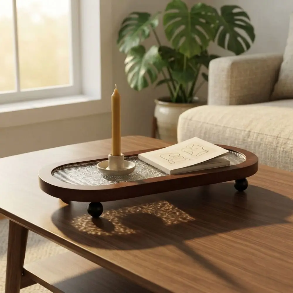 Embossed Pattern Oval Wooden Decorative Tray Round Ball Feet Space Saving Toothbrush Cup Holder Large Capacity