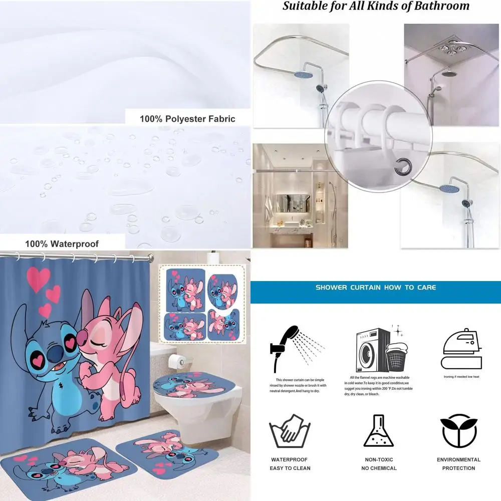 

4-Piece Cute Cartoon Shower Curtain Set with Non-Slip Rugs, Toilet Lid Cover, and Bath Mat, 72x72 inches