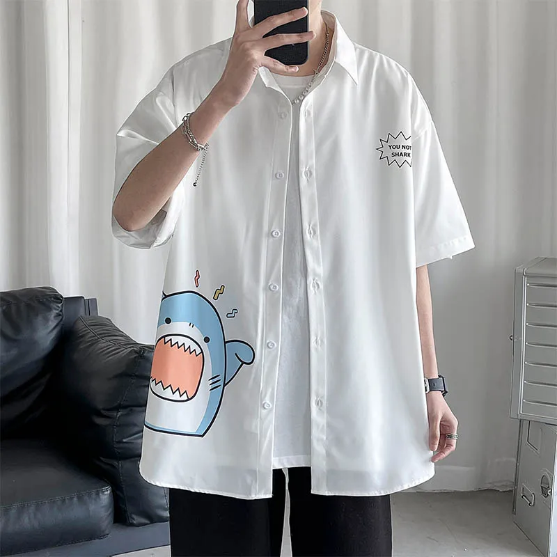 2025 Summer Men's Cartoon Print White Thin Short Sleeve Shirt Japanese Style Loose Casual Black Blue Plus Size Half Sleeve Shirt