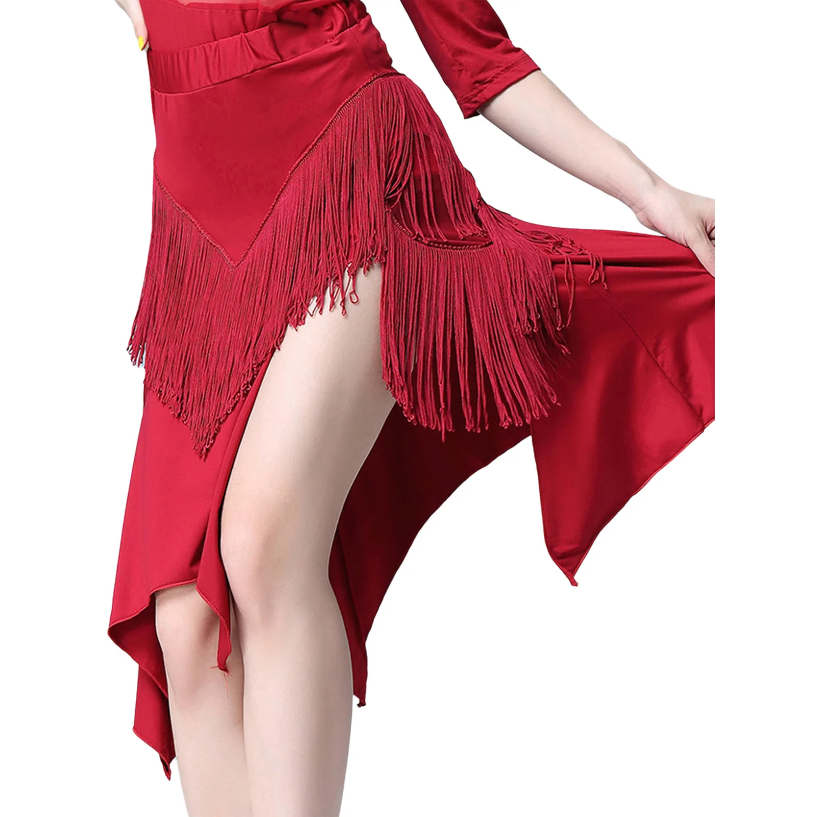 

Womens Latin Ballet Dance Skirt Costume Tiered Tassel Fringe Irregular Slit Hem Elastic Waist for Tango Rumba Salsa Samba Dance