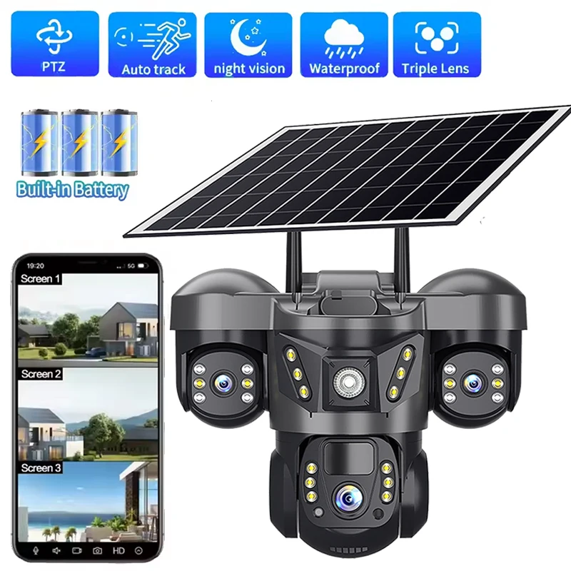 

15MP Triple Lens PTZ 10X Zoom Solar Camera Outdoor Triple Screen 4G SIM Secure 360° Auto Tracking Smart Home Wireless CCTV Cam