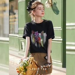 LOUIS YAO Women T-shirt 2024 Summer New Round Neck Short Sleeve Loose Fit Casual Drop Shoulder Sleeve Print Fashionable Chic Top
