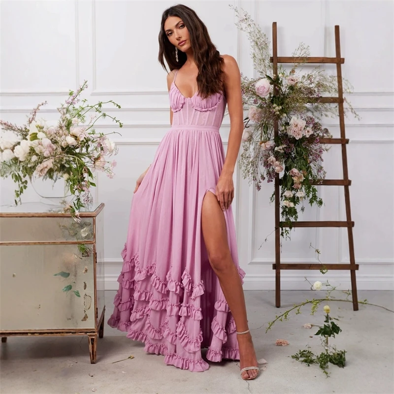 

Luxury Sexy Strapless Ruffle Pleated Maxi Dress Women Spring Solid High Waist Slit Long Dress Summer Backless Tie-up Sling Dress