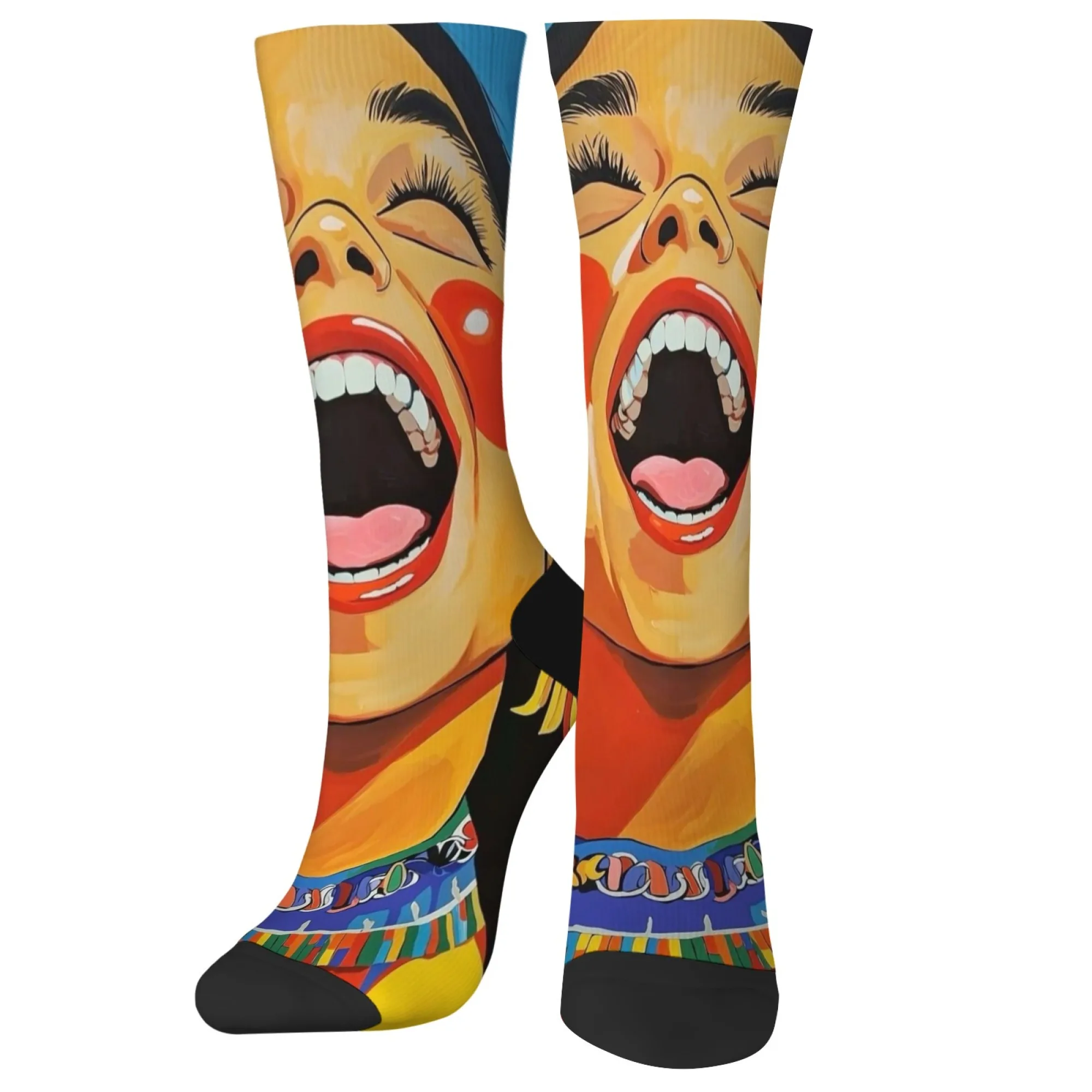 

Unisex Fashion Artistic Colorful Socks，Open Mouth Person Patterned Crew Socks，Hip Hop Harajuku Street Style，Novelty Funny Gift