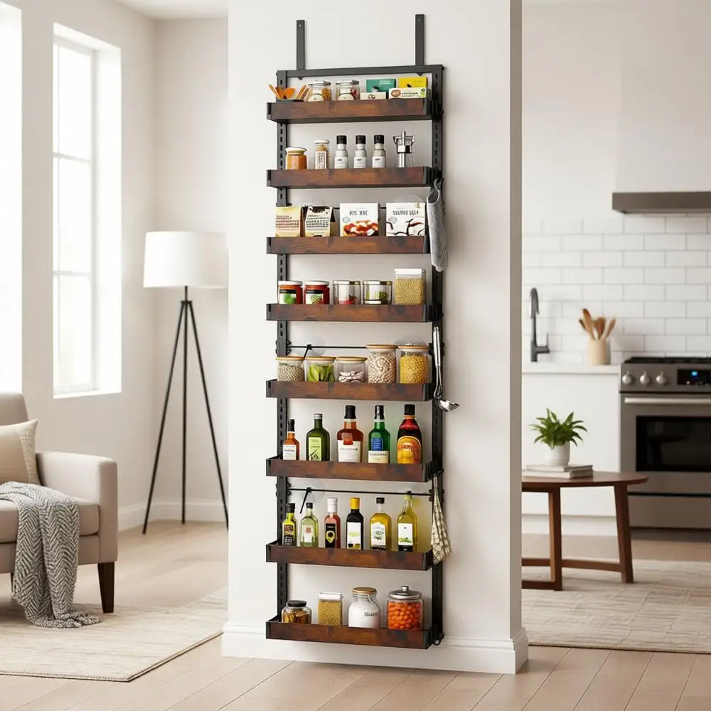 

8-уровневый регулируемый деревянный органайзер для кухонной кладовой с корзинами, настенная или подвесная металлическая полка для специй, 1 шт.