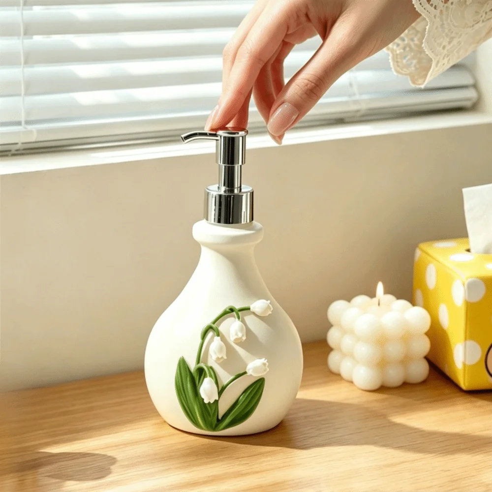 French 3D Floral Resin Soap Dispenser Vintage Elegant Bellflower of the Valley Embossed Bottle Decor Freestanding