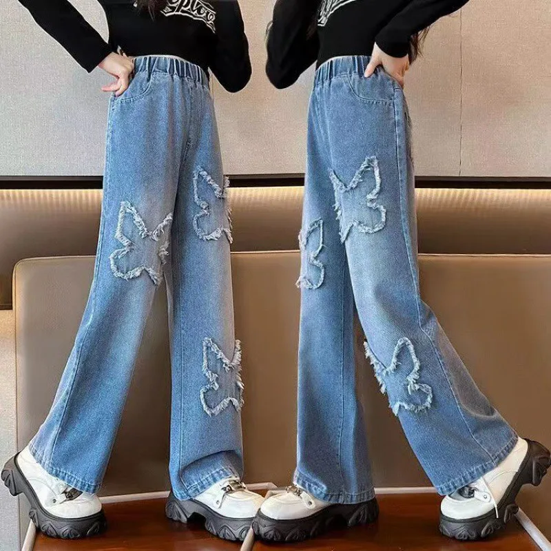 Angel girls jeans spring and autumn pants foreign style children loose outer trousers autumn straight wide-leg trousers