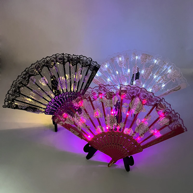 Glowing Lace Hand Fan Folding LED Light Up Rose Fan Fluorescent Performence Props Luminous Fan For Women Dance Costume