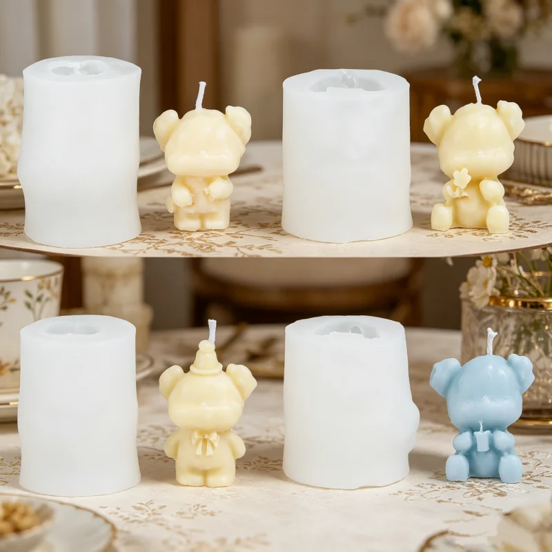 

3D Cute Bear Silicone Candle Molds Whimsical Teddy Bear Sculptures with Flower, Hat & Bow Details, Small Candle Cozy Home Decor