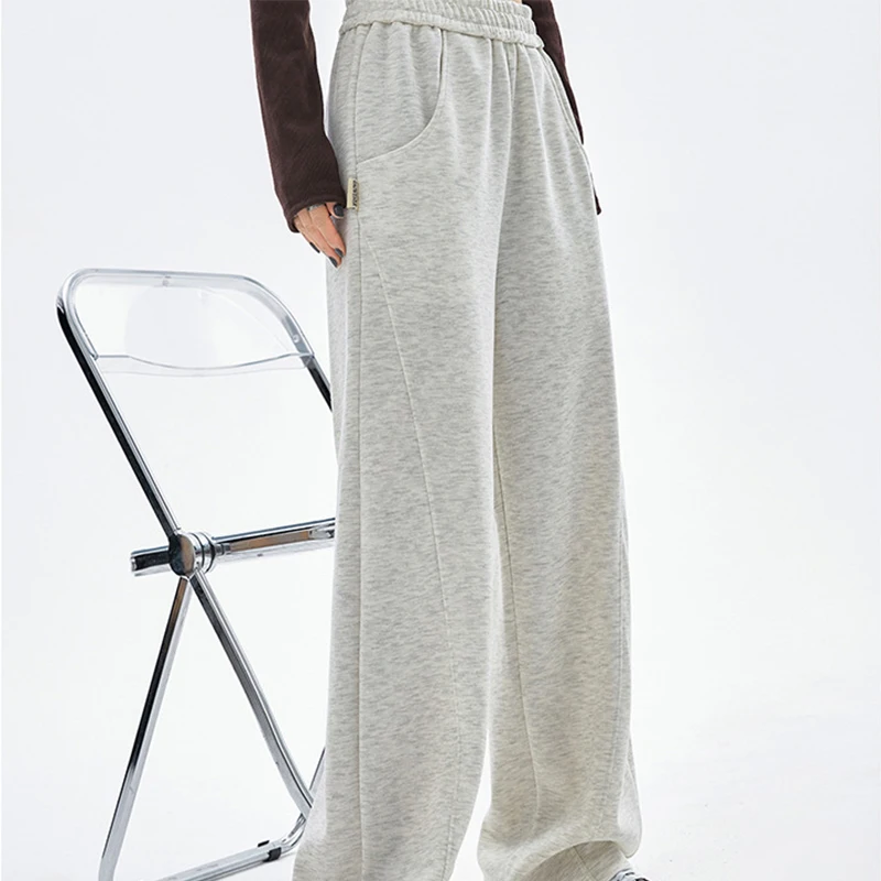 السراويل الرياضية الأمريكية مرونة الخصر للنساء الخريف الشتاء فضفاضة عالية الخصر بنطال ذو قصة أرجل واسعة امرأة جيوب الصلبة بنطلون سيدة