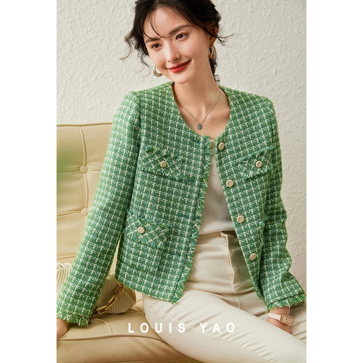Louis yao jaquetas femininas 2025 primavera/outono elegante moda em torno do pescoço commuter cardigan feminino topo