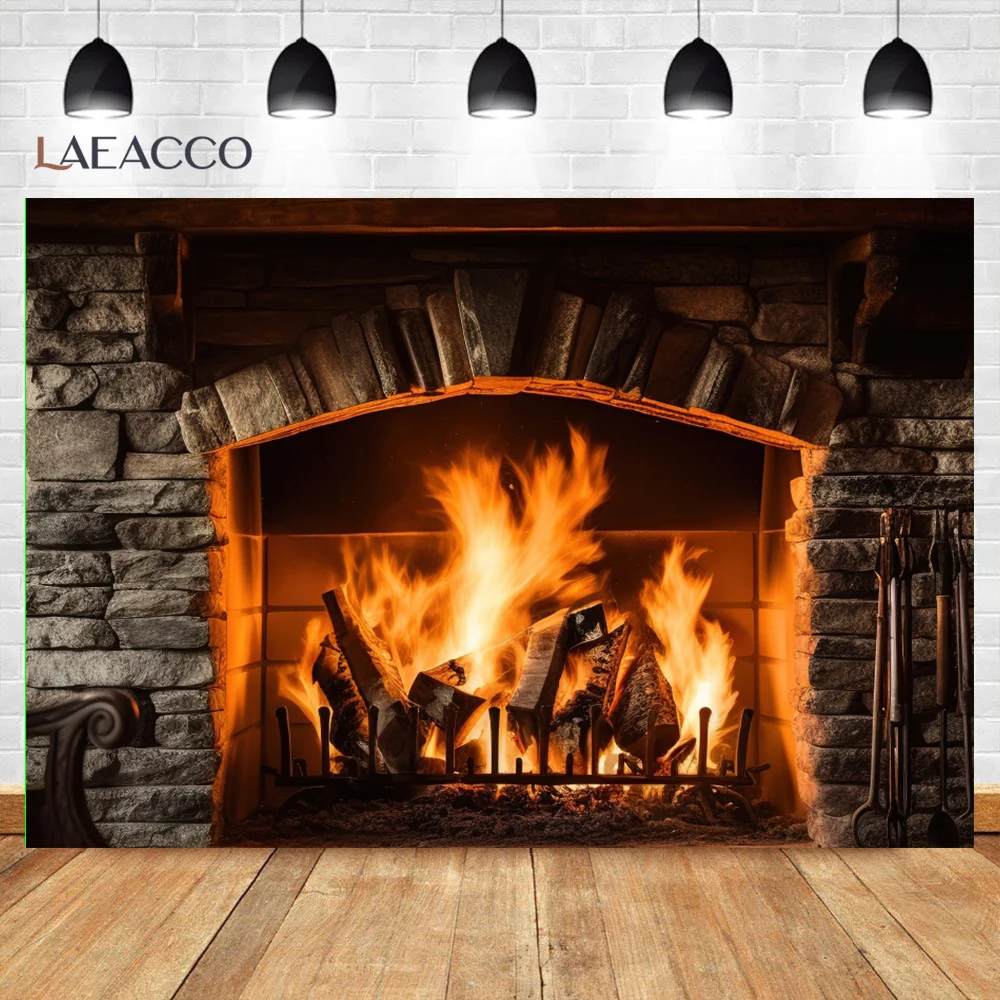 Indoor Christmas Decoration Fireplace Flame Background Room Party Decoration Baby Portrait Wall Burning Wood Studio Backdrop